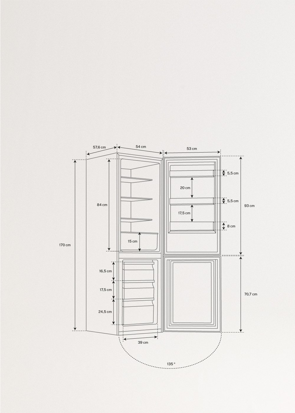 FRIDGE STUDIO COMBI 231 - Chłodziarko-zamrażarka kombi 231 l No Frost, medidas foto vertical