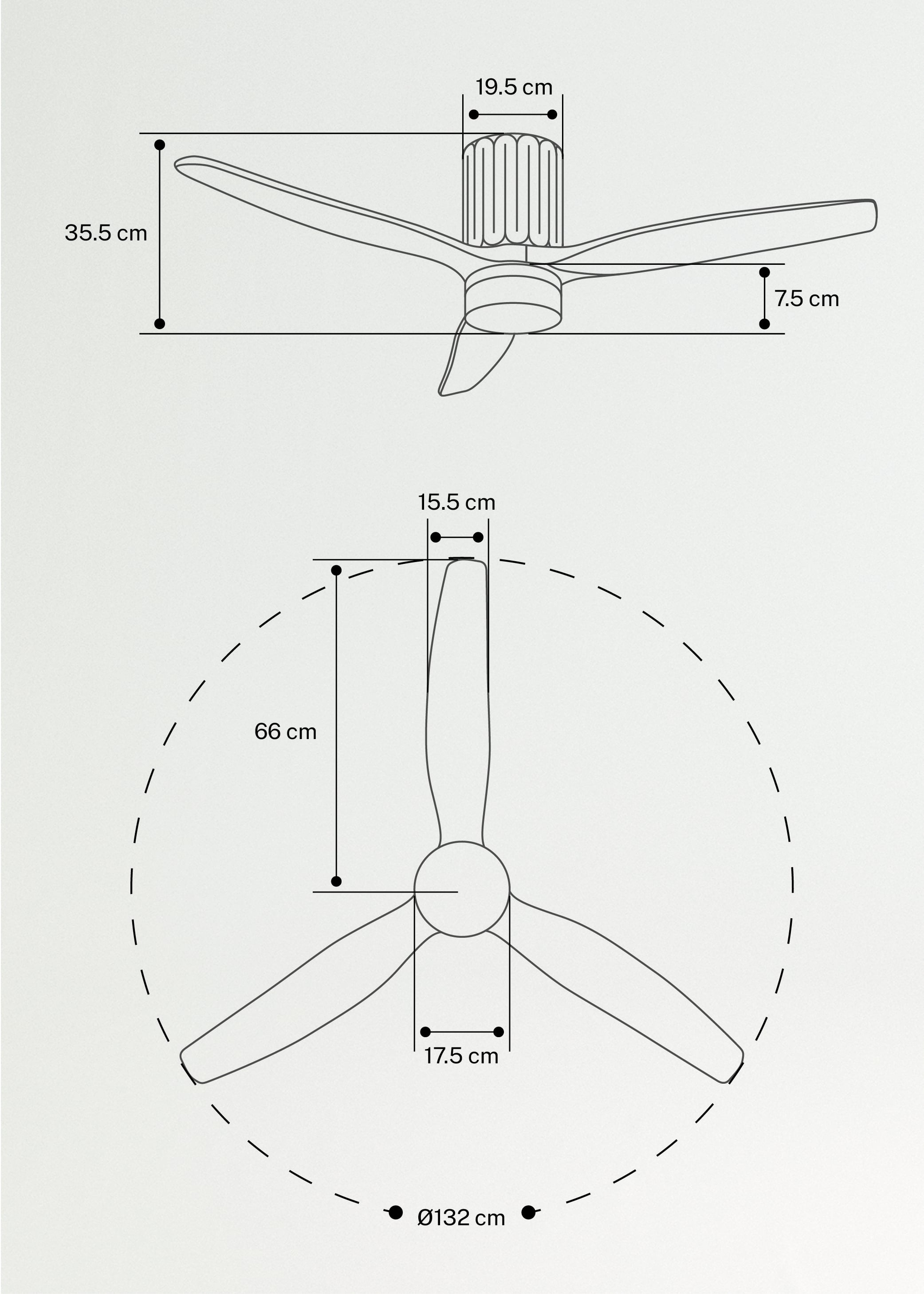 WIND CALM SCULPT - Cichy wentylator sufitowy 40 W Ø132 cm z oświetleniem LED, medidas foto vertical