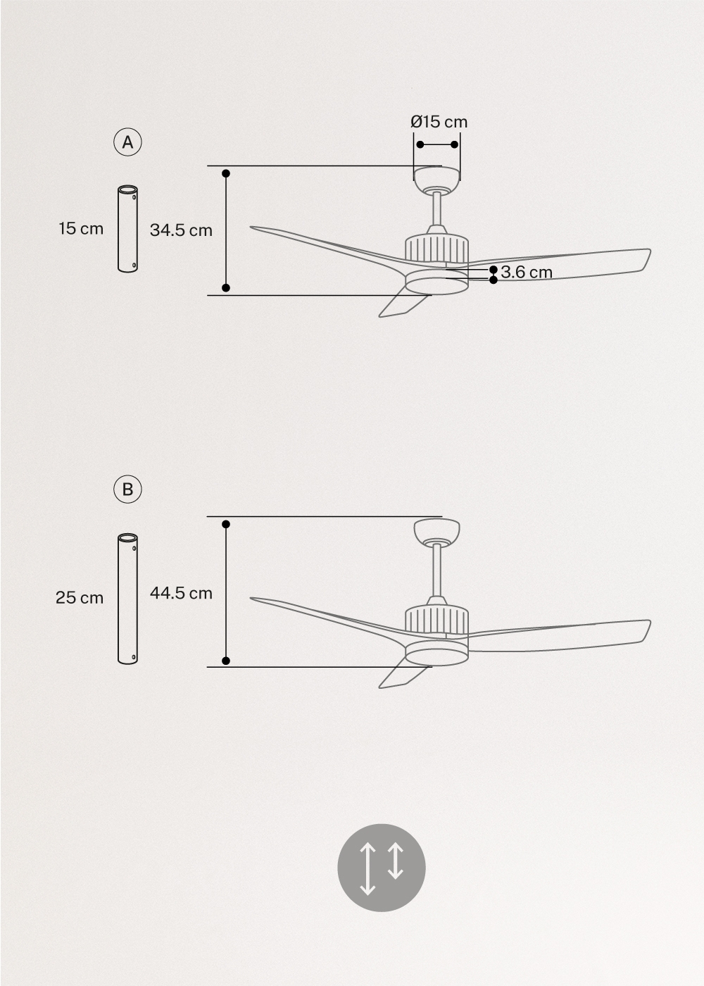WIND ASTORIA - Cichy wentylator sufitowy 43 W Ø132 cm z oświetleniem LED, medidas foto vertical