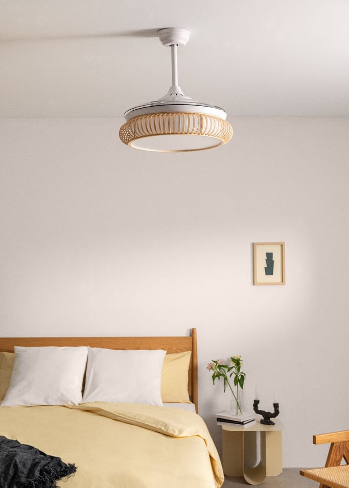 WIND CLEAR RATTAN - Cichy wentylator sufitowy o mocy 40 W z wysuwanymi łopatkami o średnicy 108cm i oświetleniem LED 36W, obraz z galerii 3