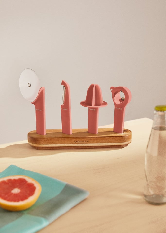 KITCHENWARE STUDIO - Zestaw 4 przyborów kuchennych z drewnianym stojakiem, obraz z galerii 1