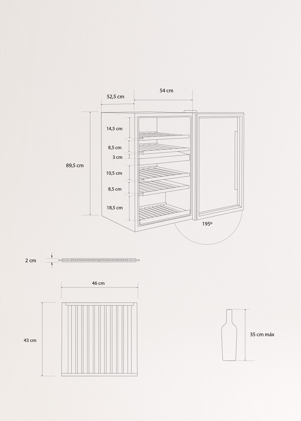 WINECOOLER XL - Adega refrigerada 46 garrafas, medidas foto vertical
