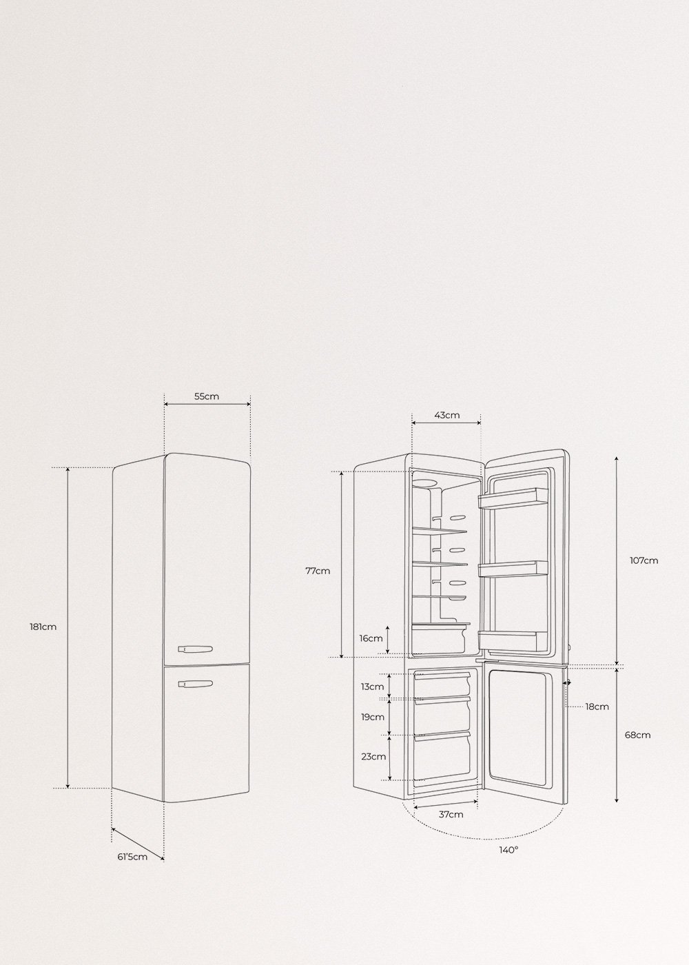 FRIDGE STYLANCE 244L - Frigorífico Combi de estilo Retro, medidas foto vertical