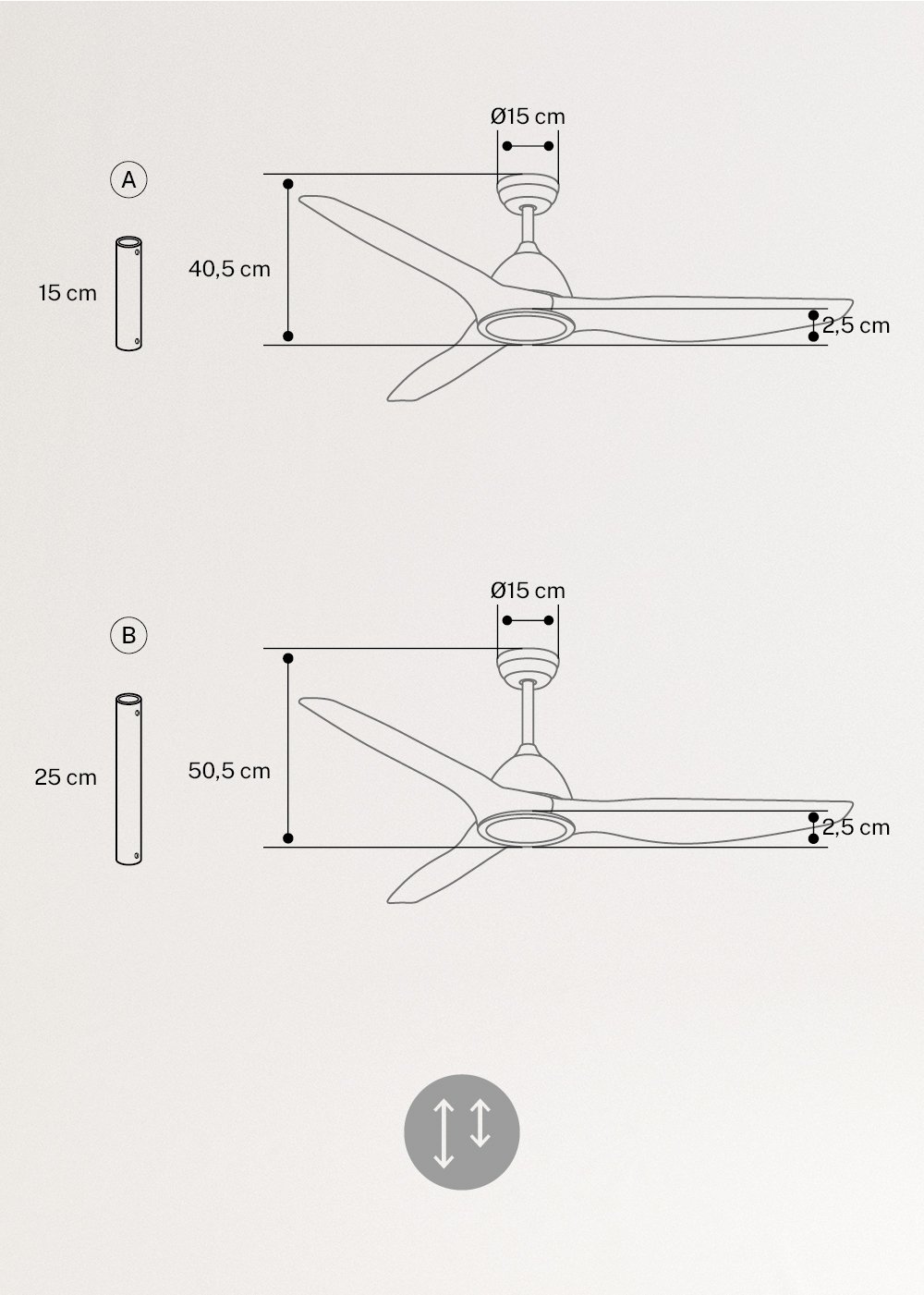 WIND SAIL - Ventoinha de teto 90W silencioso XL Ø163 , medidas foto vertical