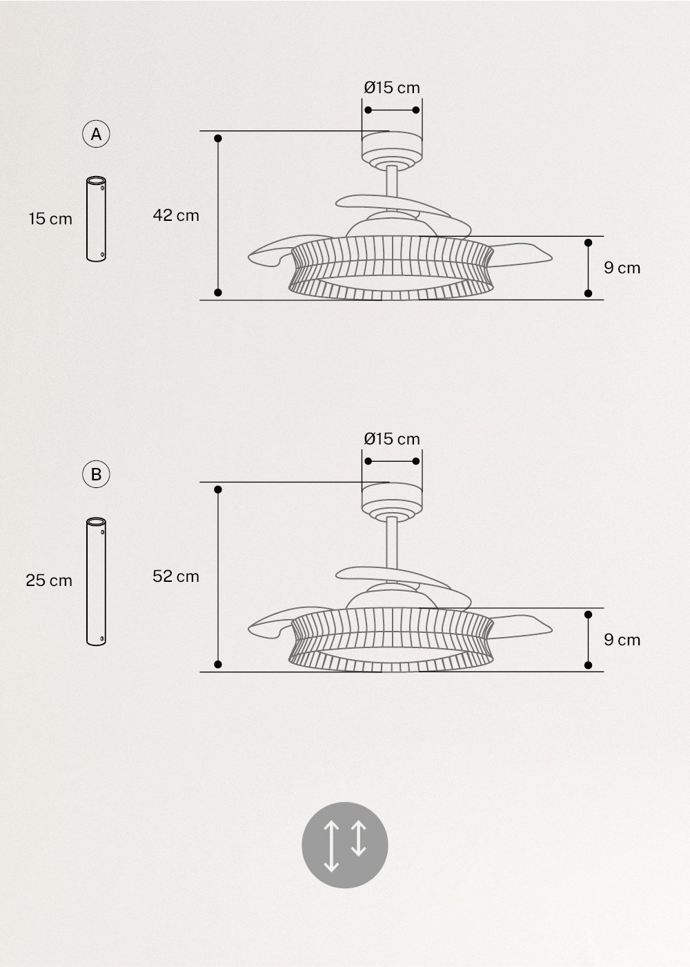 WIND CLEAR RATTAN - Ventilador de teto 40W silencioso Ø108cm lâminas retrácteis com luz LED 36W, medidas foto vertical
