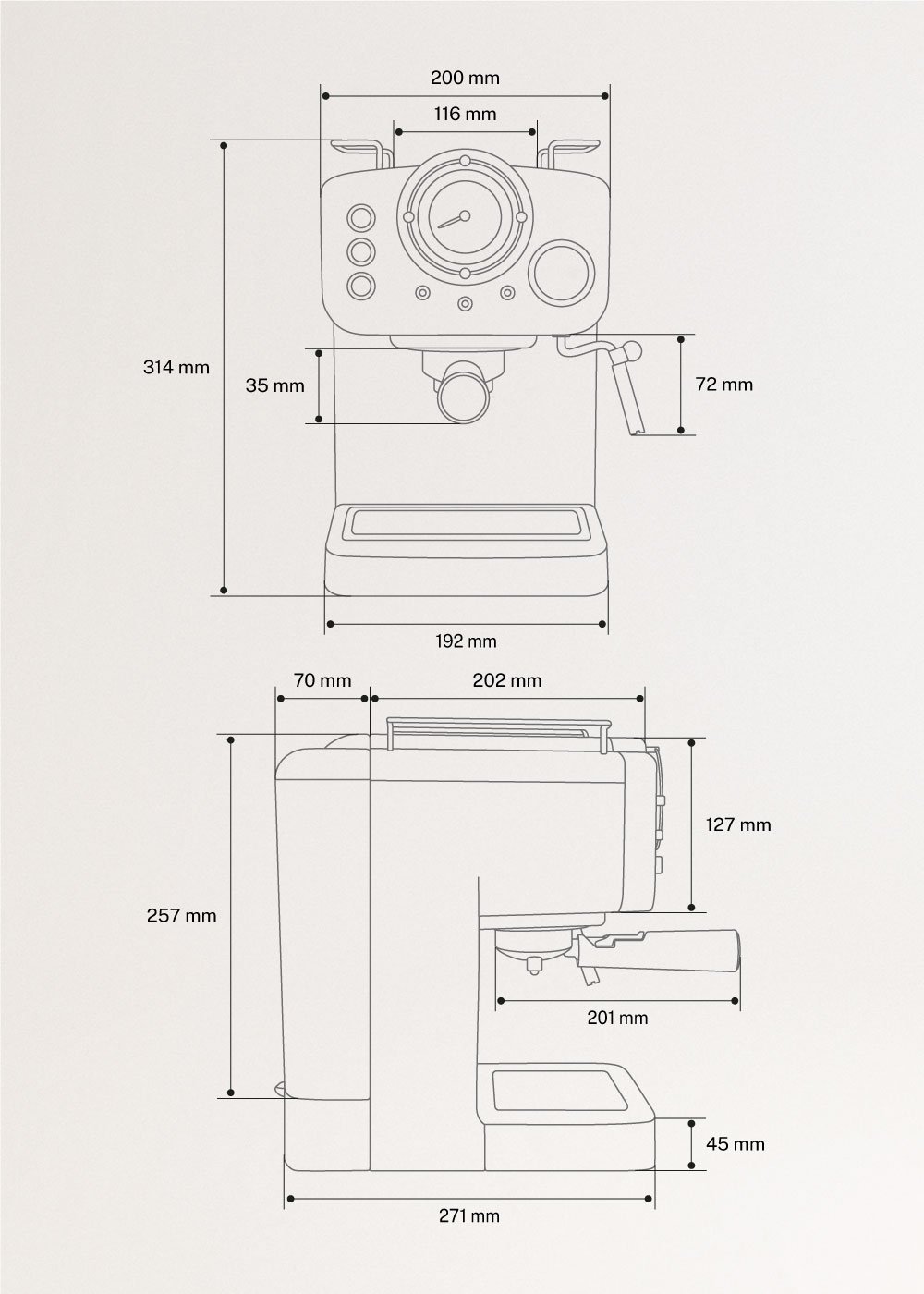 THERA RETRO - Máquina de café expresso, medidas foto vertical
