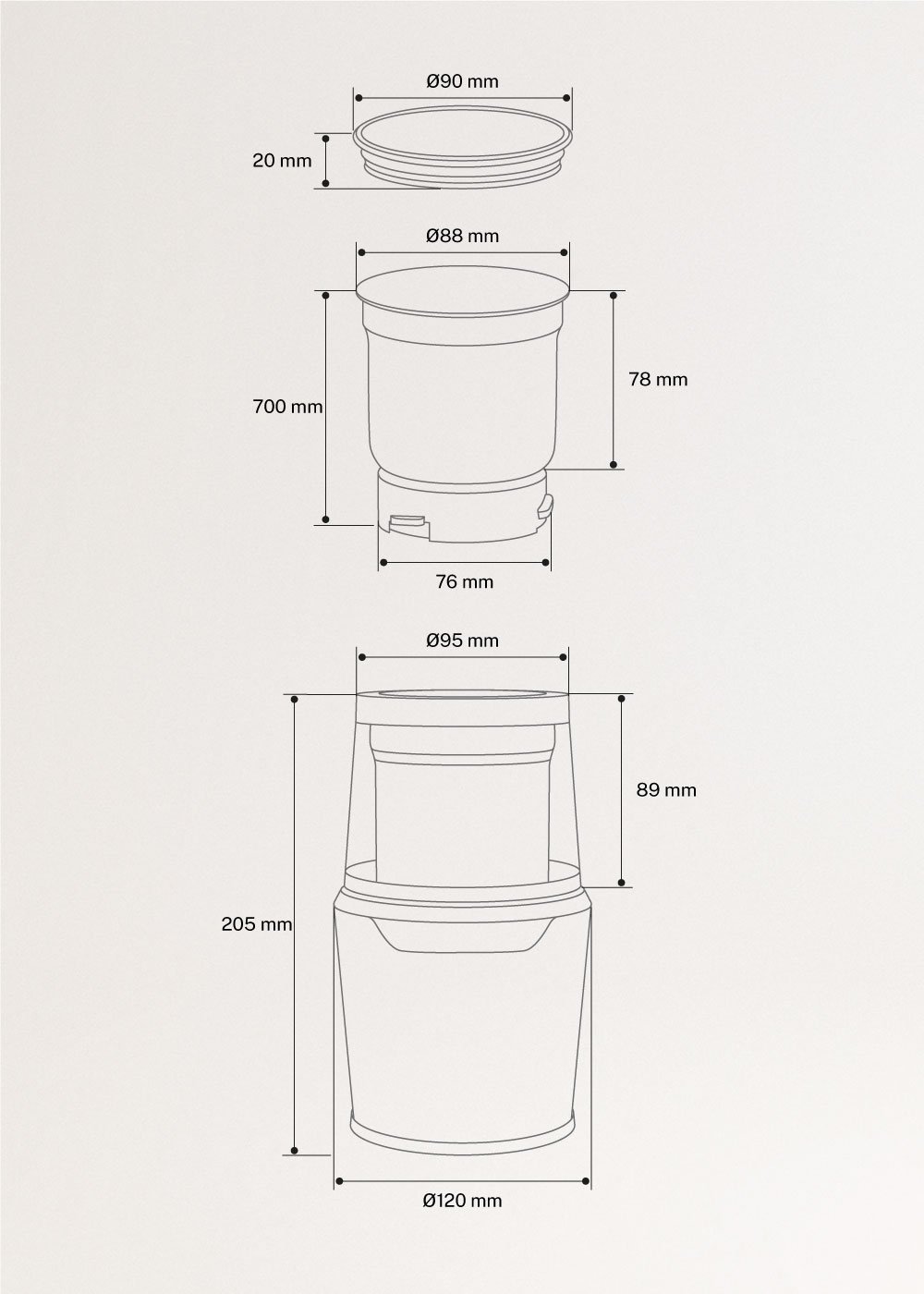 MILL PRO - Moínho de café e alimentos, medidas foto vertical