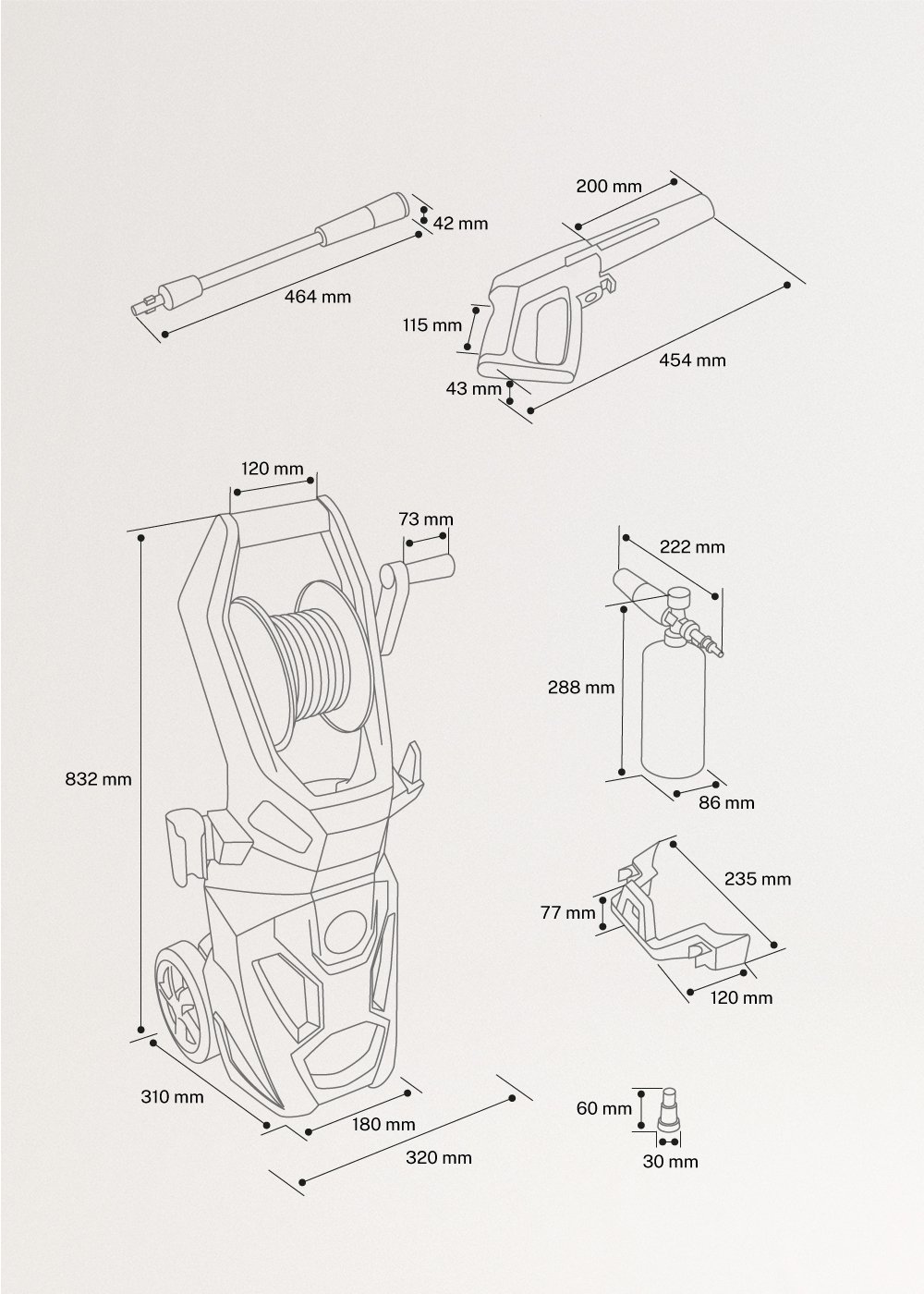 JET WASHER - Lavadora de alta pressão com água de 2200 W, medidas foto vertical