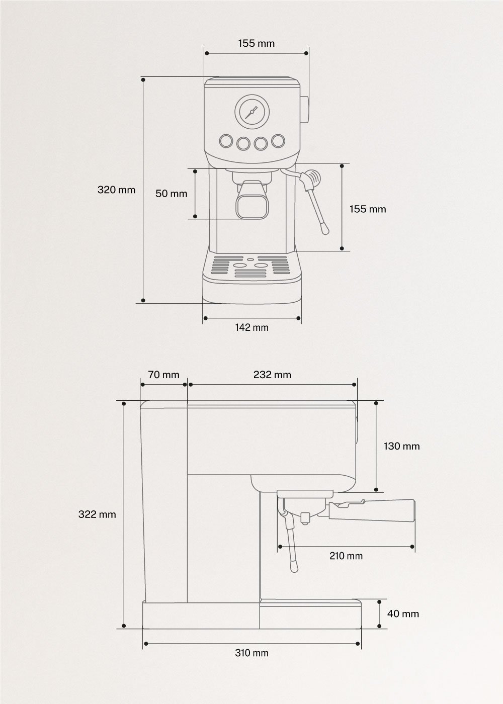 THERA CLASSIC COMPACT - Máquina de café expresso com função de café frio, medidas foto vertical