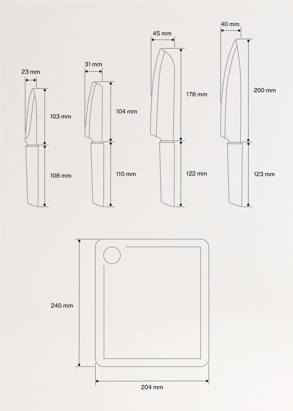 KITCHENWARE STUDIO - Conjunto de 2 tábuas de cortar e 4 facas de cozinha, medidas foto vertical