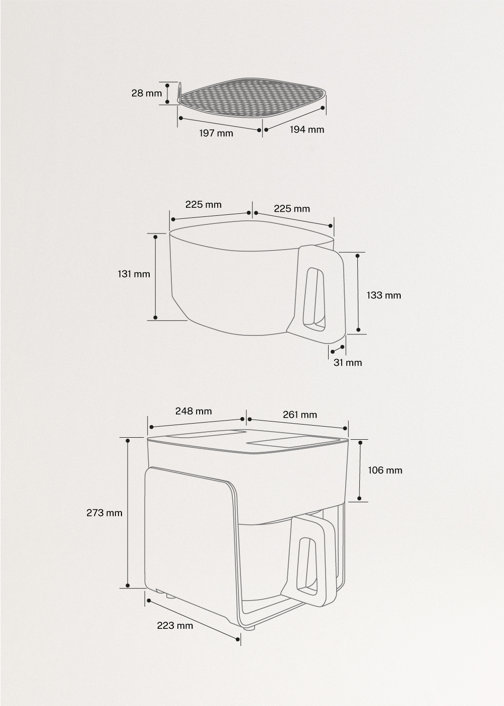 AIR FRYER STUDIO CRYSTAL - Fritadeira de ar em vidro 4,2 L com vaporizador opcional, medidas foto vertical