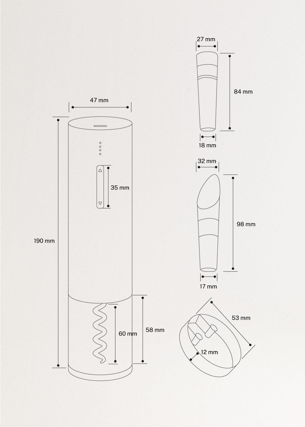 WINE OPENER - Saca-rolhas elétrico com acessórios, medidas foto vertical