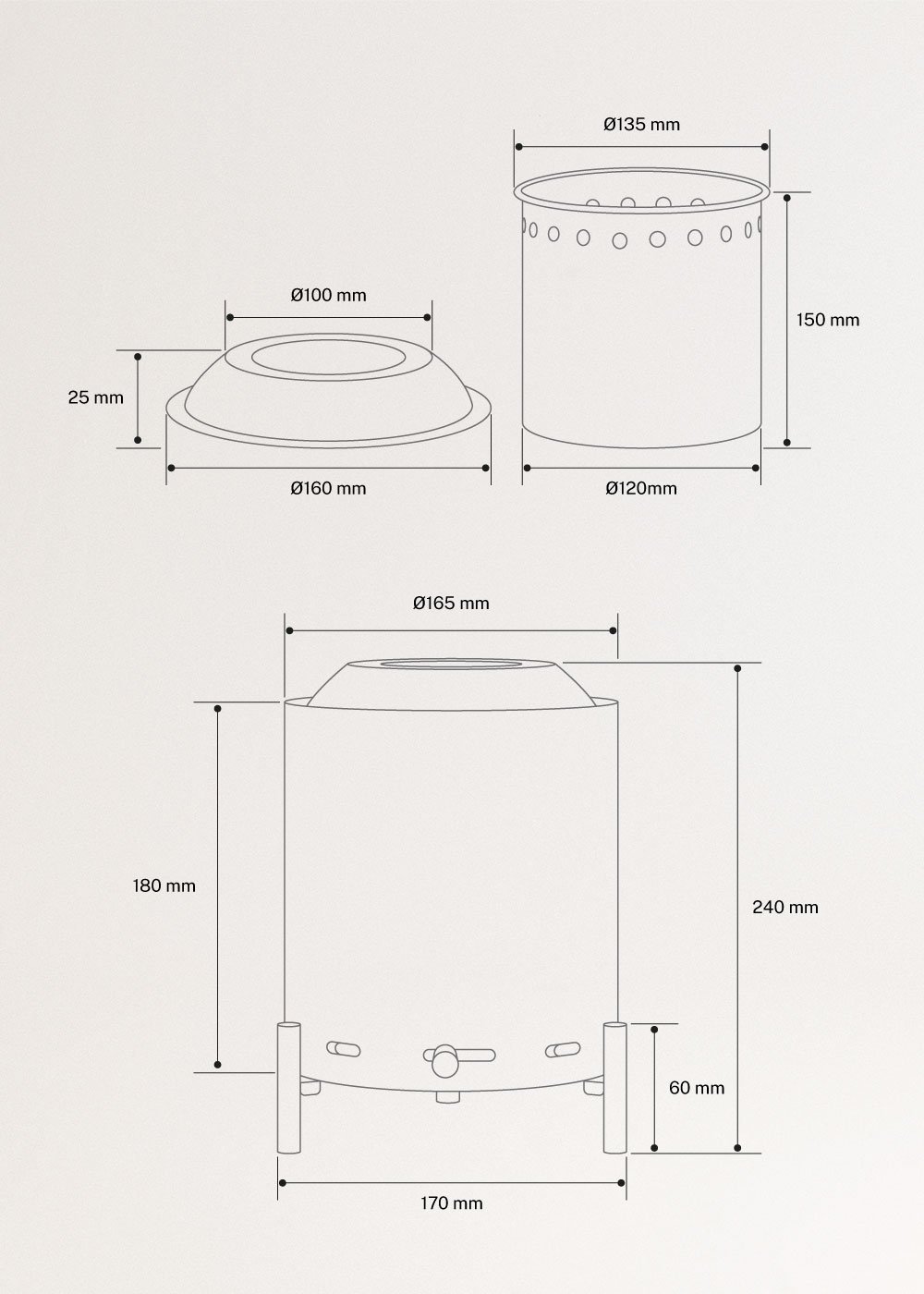 FIRE PIT COMPACT - Brasero de mesa 1,5kW para exterior a pellets sem fumaça, medidas foto vertical