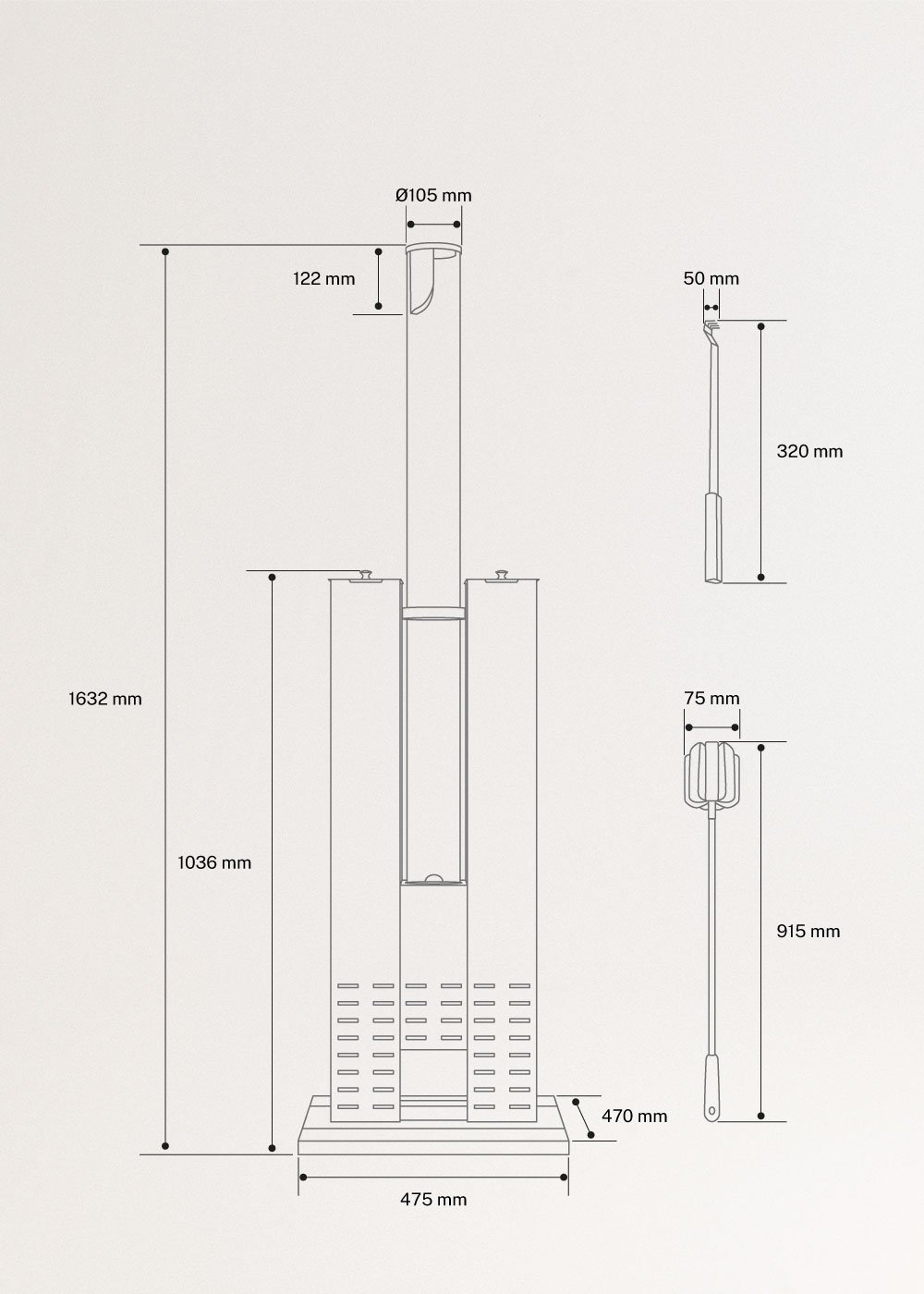 FIRE TUBE HEATER - Aquecedor a pellets de exterior 8,2 kW sem fumo, medidas foto vertical