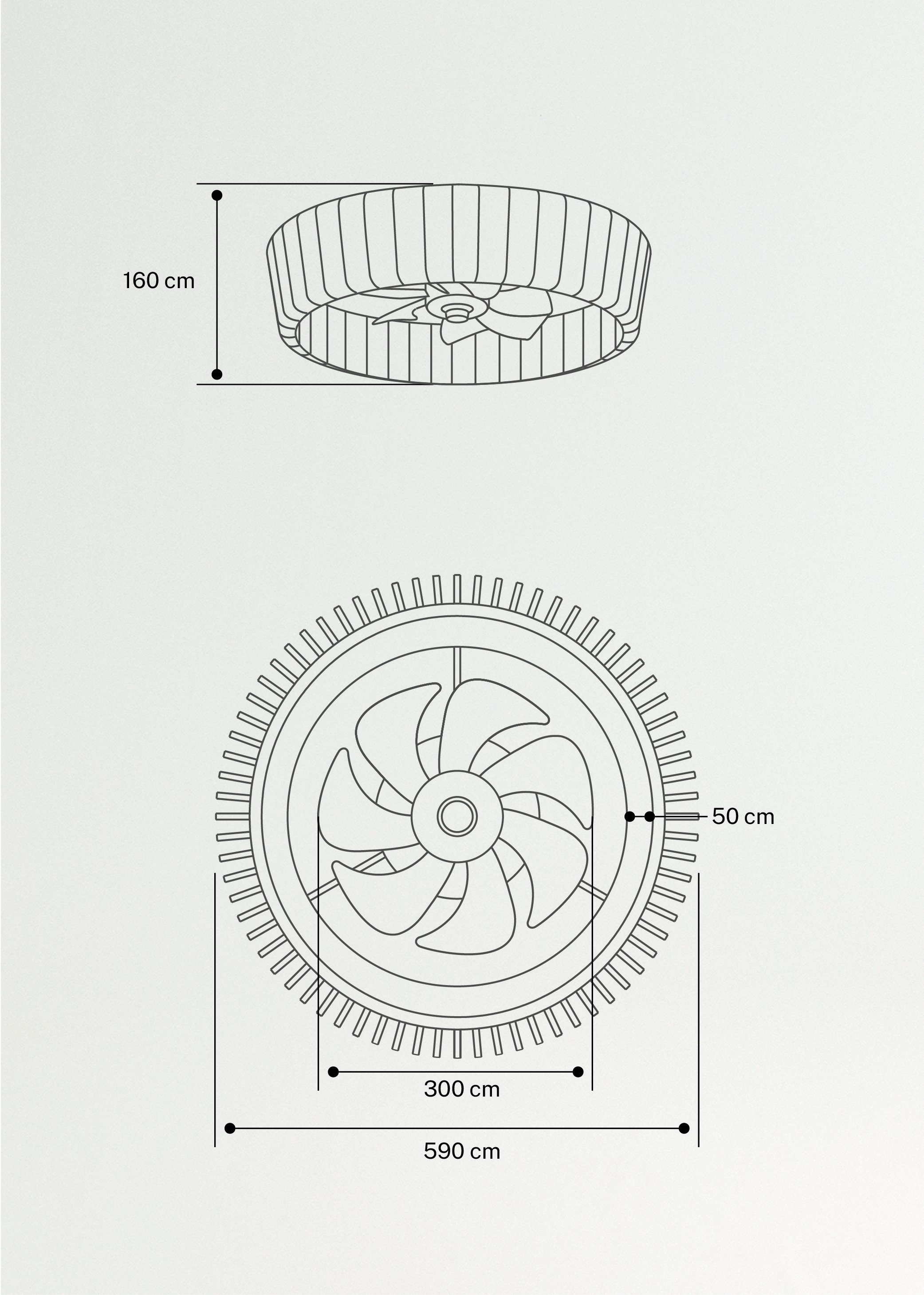 WIND CRAFT - Ventilador de teto 20W silencioso Ø58cm lâminas direcionais com luz LED, medidas foto vertical