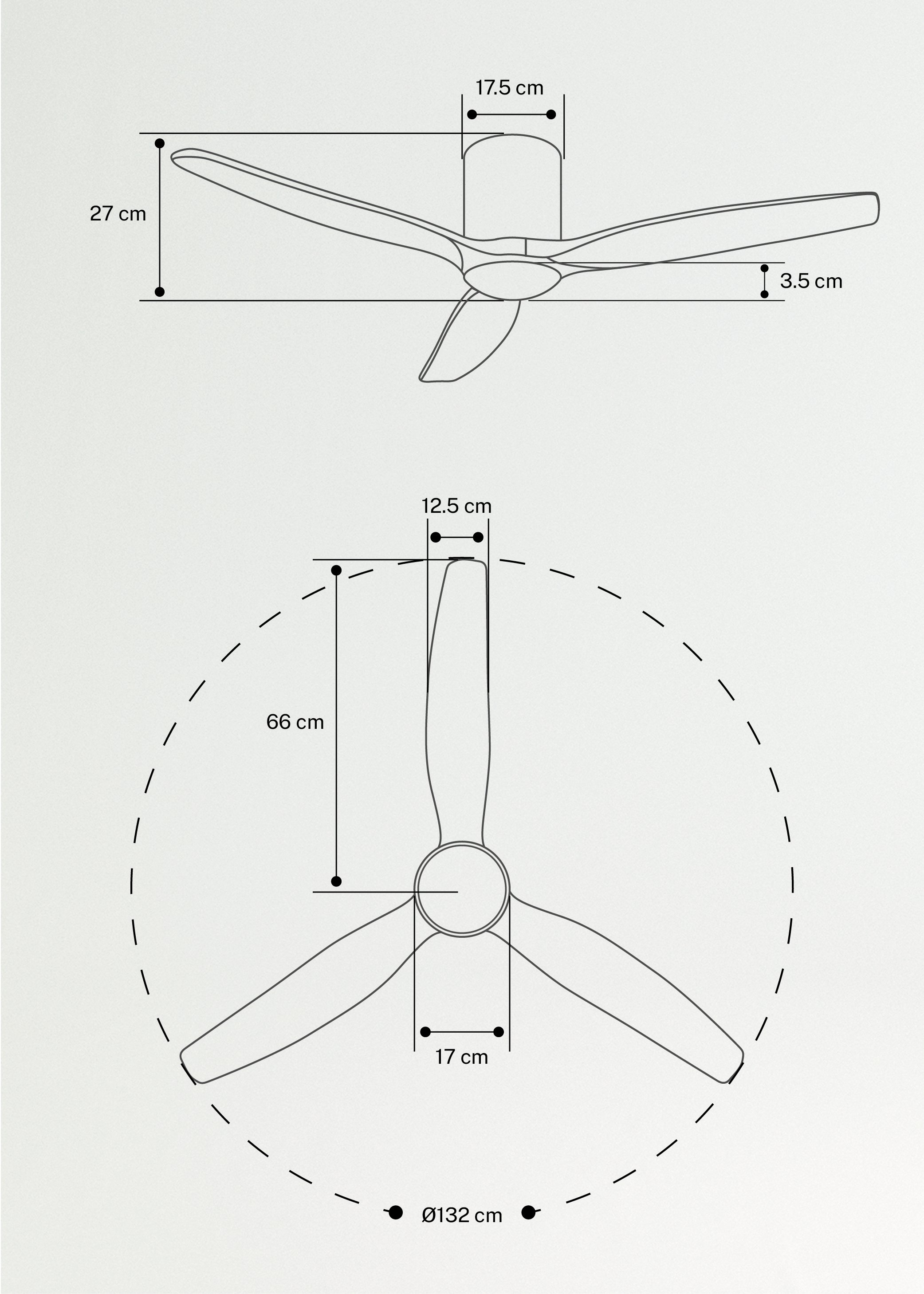 WIND CALM SLIM LIGHT - Ventoinha de teto silenciosa 40W Ø132 cm 100% madeira, medidas foto vertical