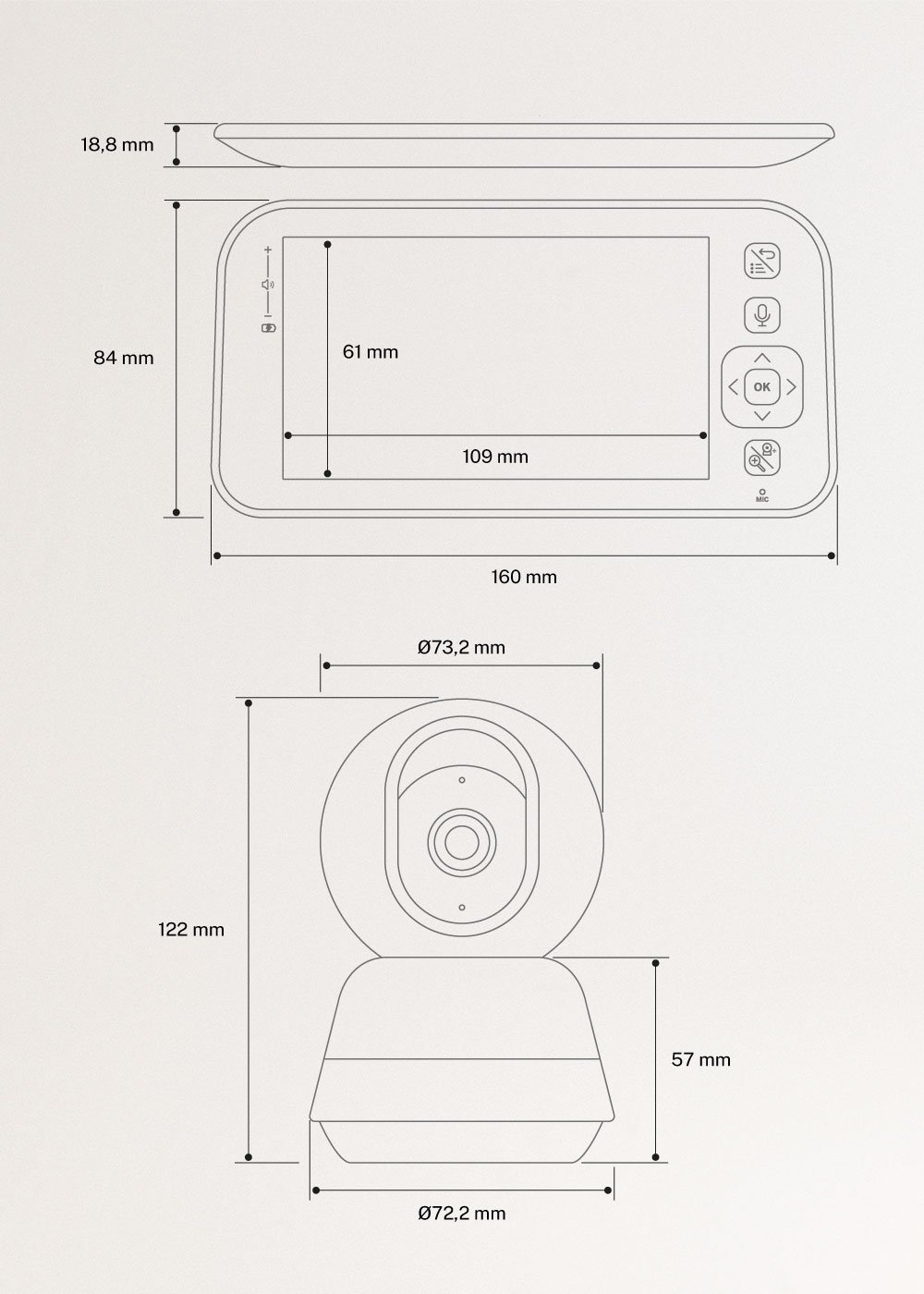 BABY CAM CONNECT PRO - Câmara de vigilância para bebés com wifi, monitor e áudio bidirecional, medidas foto vertical