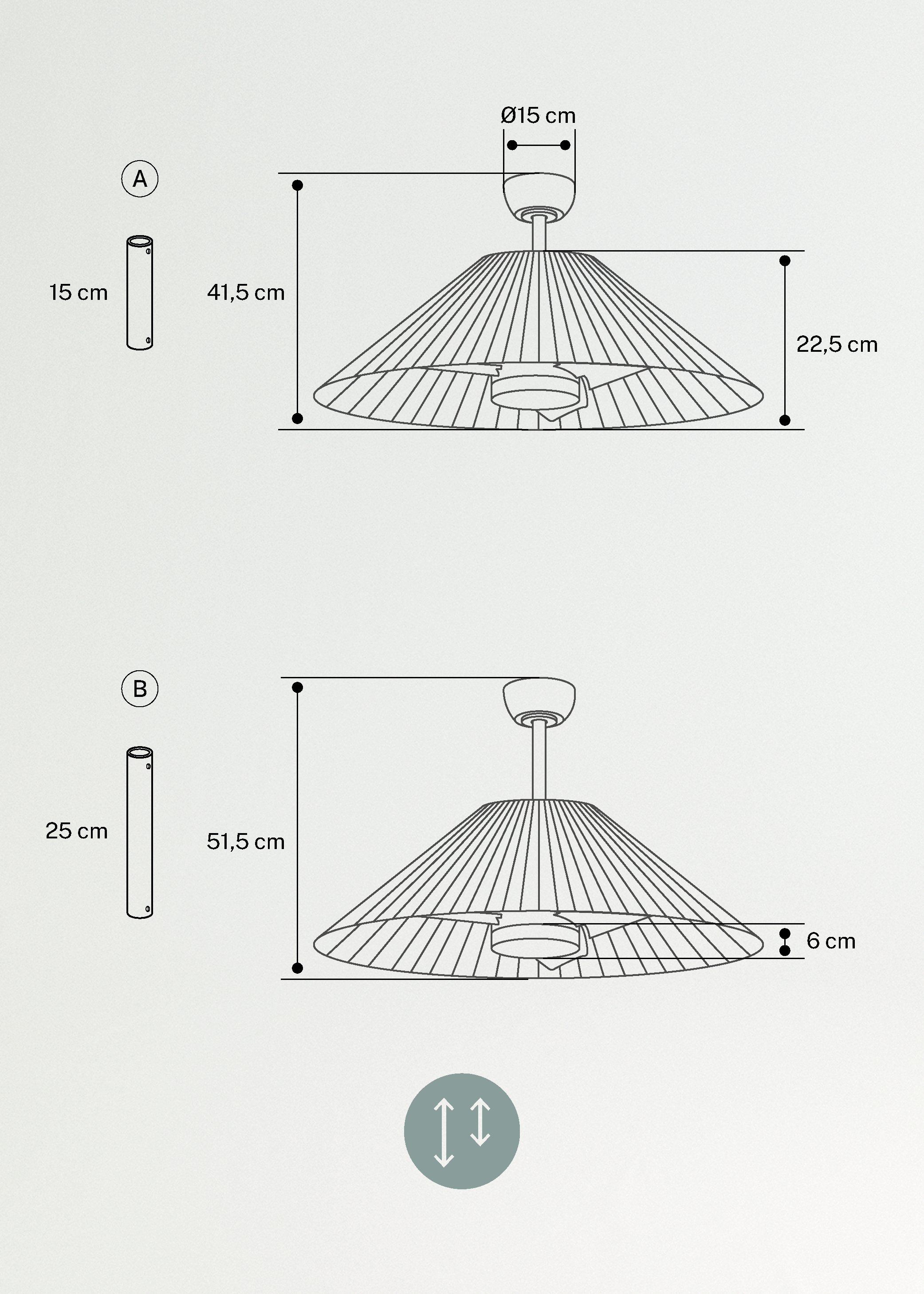 WIND LAMP WOVEN - Ventoinha de teto silenciosa 25W com luz LED, medidas foto vertical
