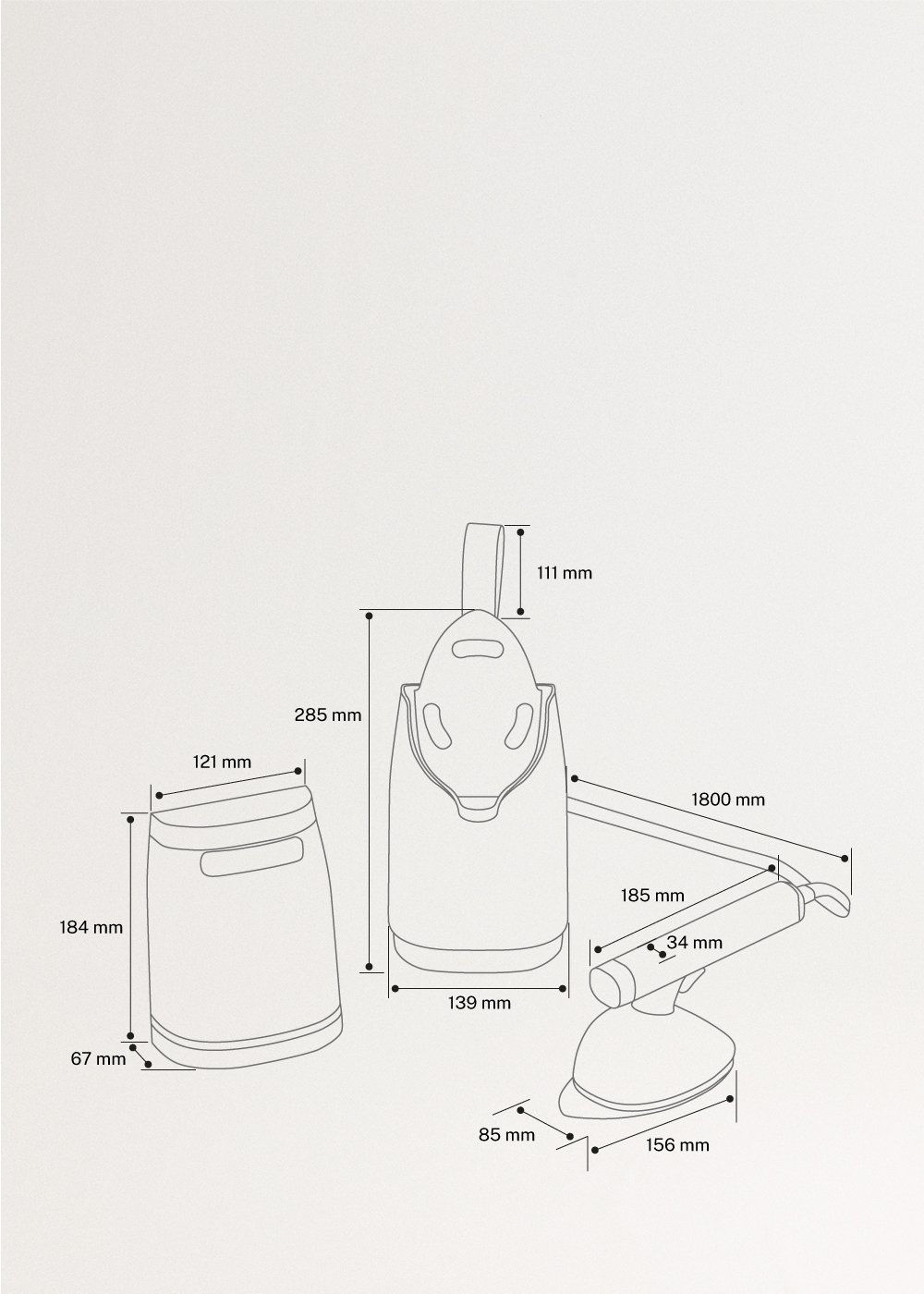 IRON DUAL PRO - Ferro de engomar a vapor horizontal e vertical 800 ml com 4 modos de engomar, medidas foto vertical
