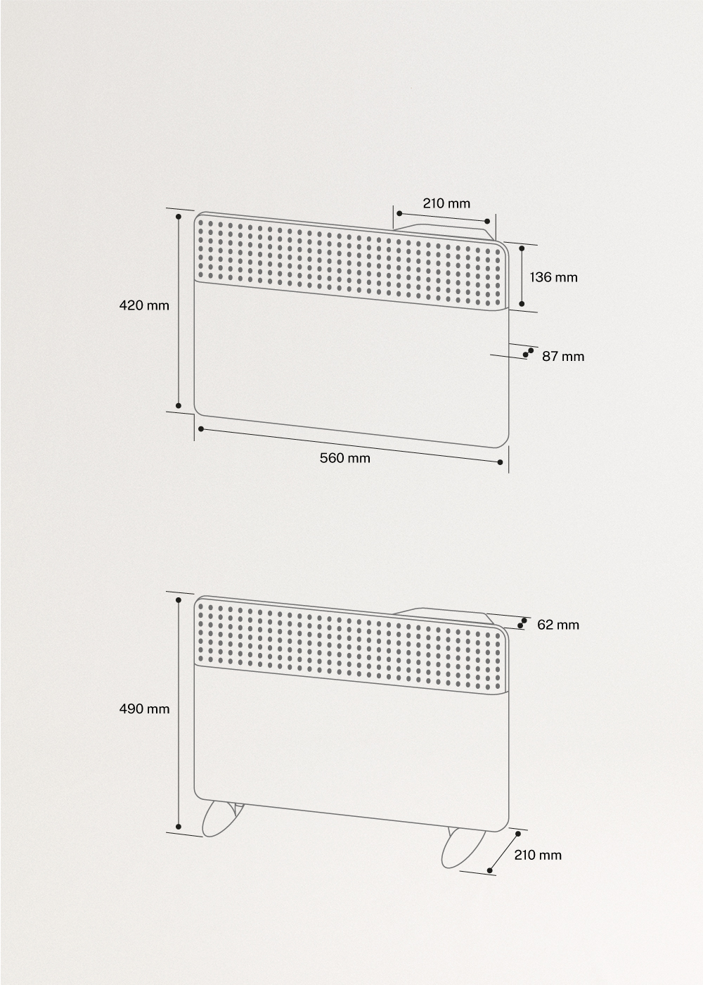 WARM TEXTILE INVERTER - Convector Inverter de parede ou chão com WiFi 1500W / 2000W, medidas foto vertical
