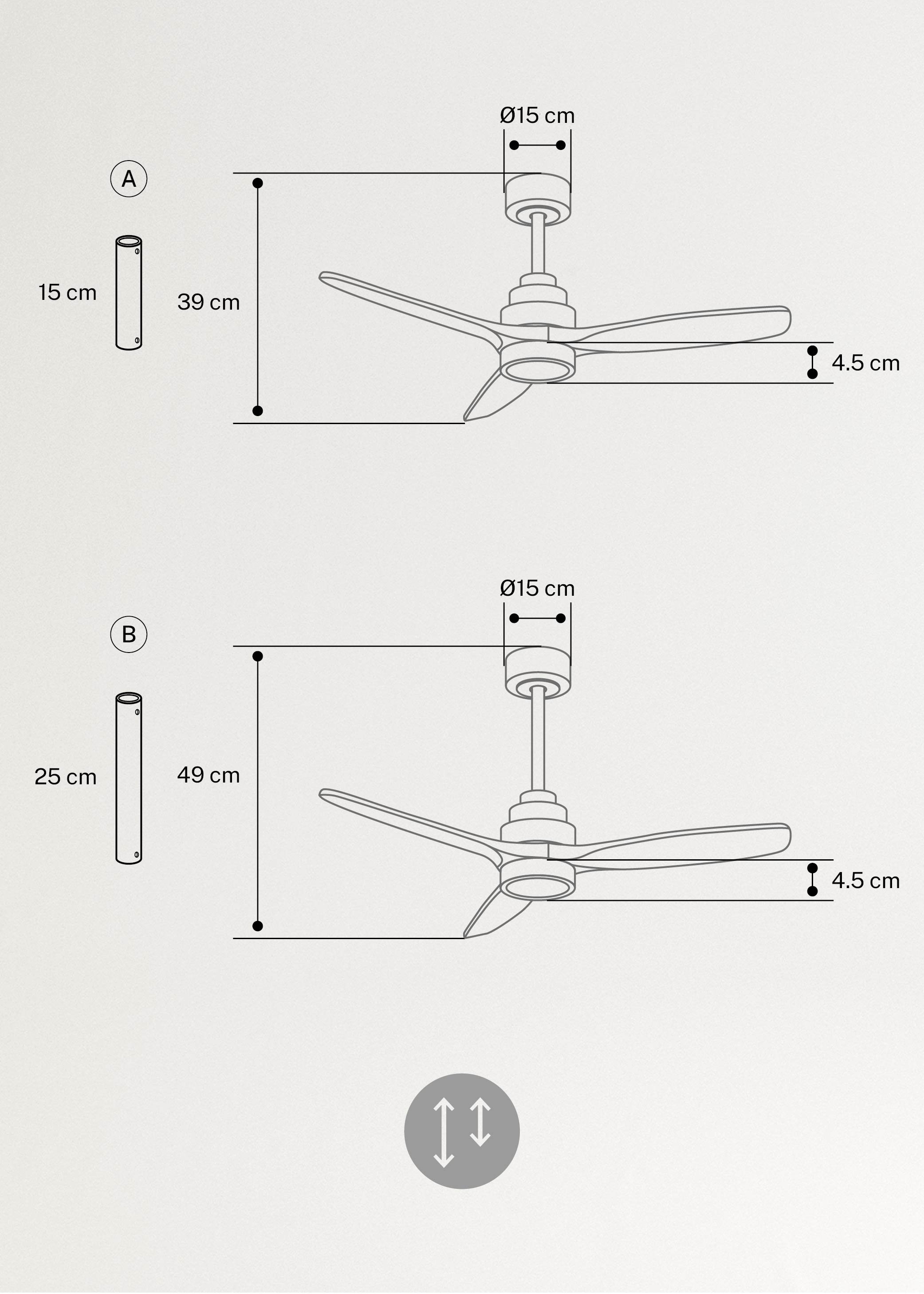 WIND STYLANCE - Ventoinha de teto silenciosa de 40 W com pás em ABS técnico, disponível em vários tamanhos, medidas foto vertical