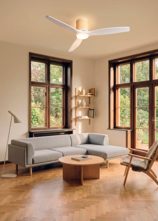 WIND CALM CUSTOM RATTAN - Ventilador de teto 40W silencioso Ø132 cm com luz LED no corpo e lâmpada