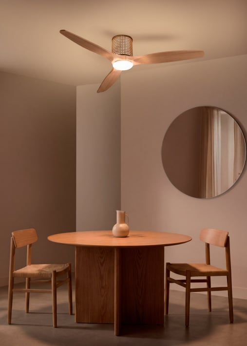 WIND CALM CUSTOM RATTAN - Ventilador de teto 40W silencioso Ø132 cm com luz LED no corpo e lâmpada