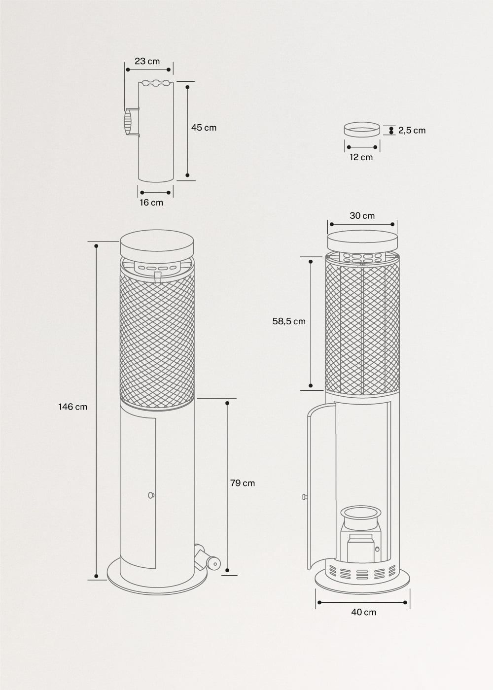 FIRE ROUND PELLET HEATER - Aquecedor exterior a pellets 17,5 kW sem fumo, medidas foto vertical