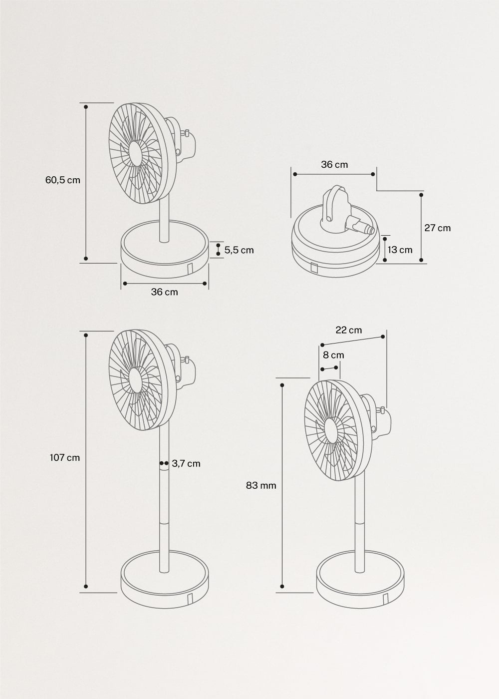 AIR STAND FOLDABLE - Ventoinha de pé dobrável 50 W, medidas foto vertical