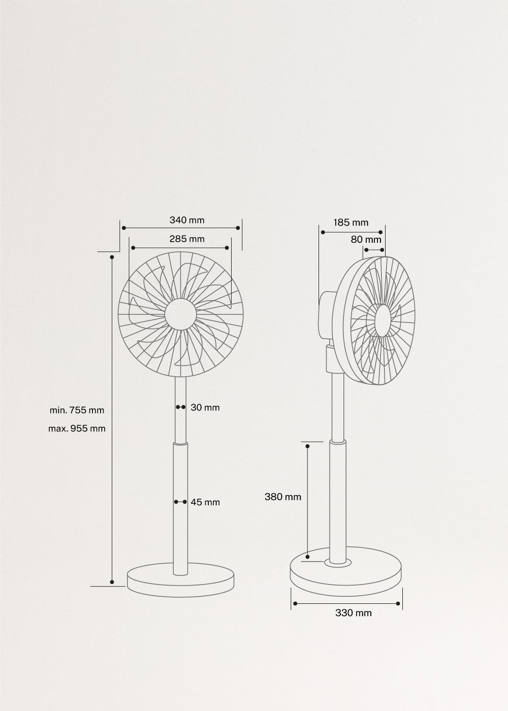AIR STAND 3D - Ventoinha de pé com oscilação 3D 30 W ultrasilenciosa, medidas foto vertical