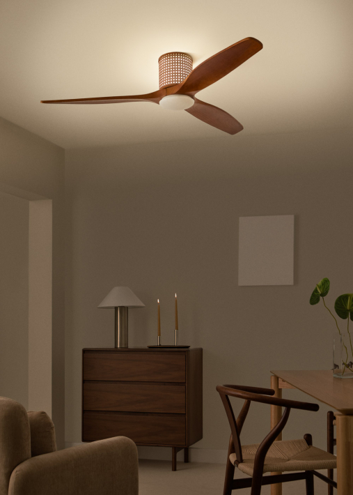 WIND CALM CUSTOM RATTAN - Ventilador de teto 40W silencioso Ø132 cm com luz LED no corpo e lâmpada
