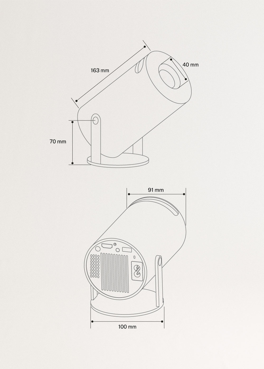 PROJECTOR STUDIO COMPACT - Projetor Smart HD com Wi-Fi, Bluetooth e rotação de 180º, medidas foto vertical