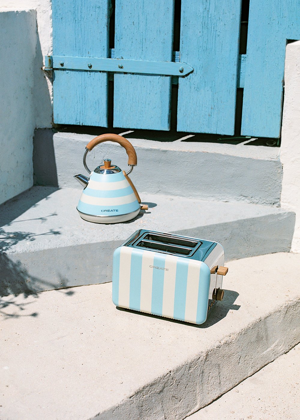 Retro blue store kettle and toaster