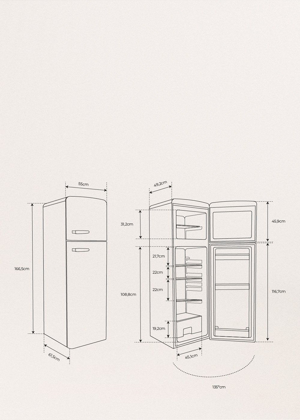 FRIDGE STYLANCE TOP 246L - Retro style combi fridge, medidas foto vertical