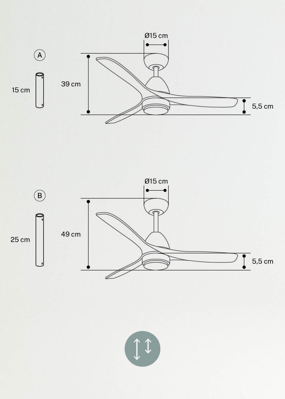 WIND CUP - Silent 40W ceiling fan Ø132 cm 100% wood, medidas foto vertical
