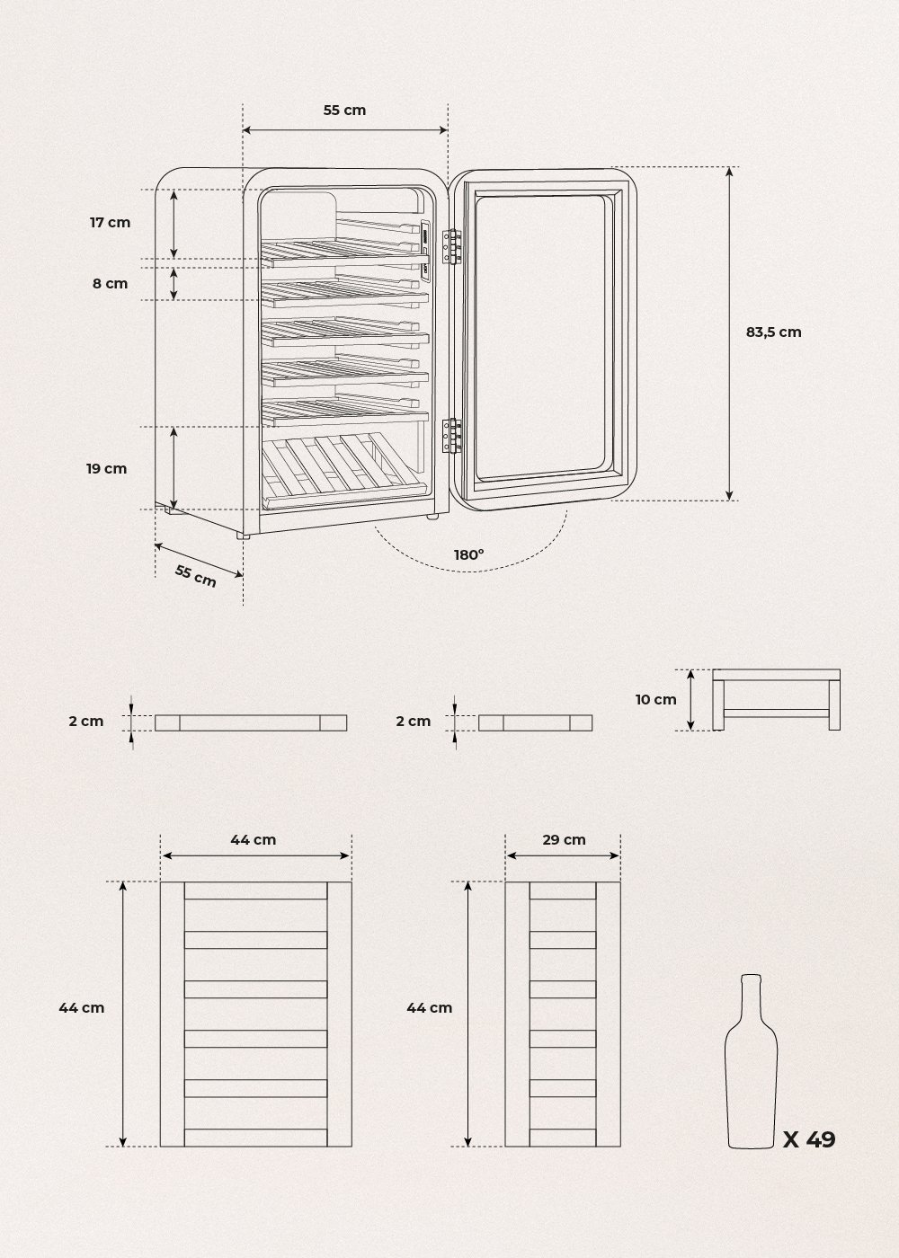 WINECOOLER RETRO - Retro-style electric wine cooler for 12, 45 or 76 bottles, medidas foto vertical
