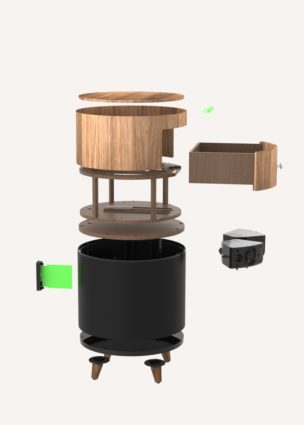 SPEAKER TABLE BASS - Speaker table with subwoofer, Bluetooth, wireless charging and storage drawer, medidas foto vertical