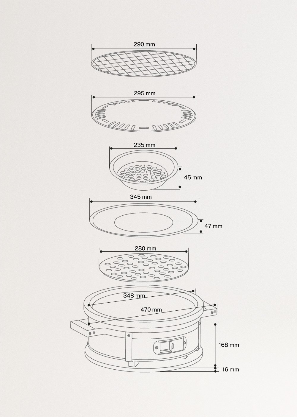 BBQ KAMADO HIBACHI - Round barbecue with grill and griddle, medidas foto vertical