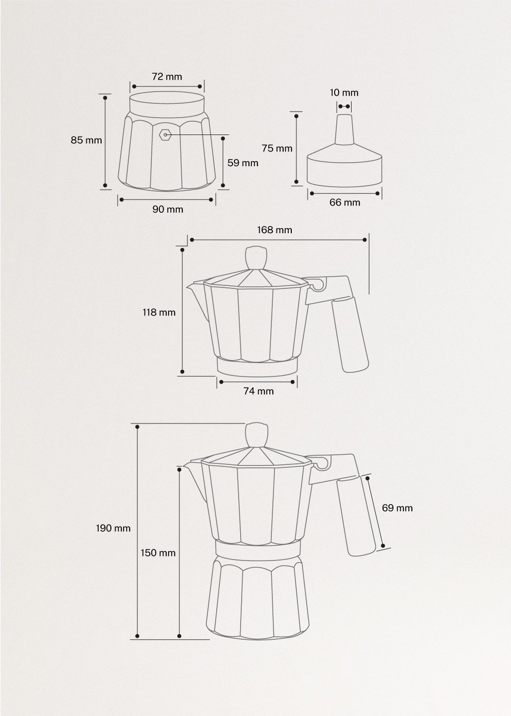 THERA MOKA RETRO - Italian Coffee Maker, medidas foto vertical