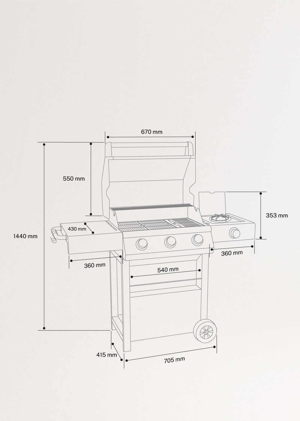 BBQ GAS BURNER PRO - Gas barbecue with side burner and auxiliary table, medidas foto vertical