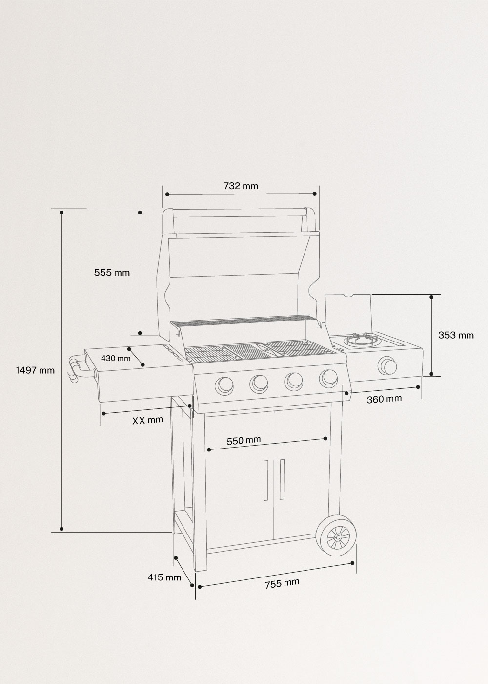 BBQ GAS BURNER PRO - Gas barbecue with side burner and auxiliary table, medidas foto vertical