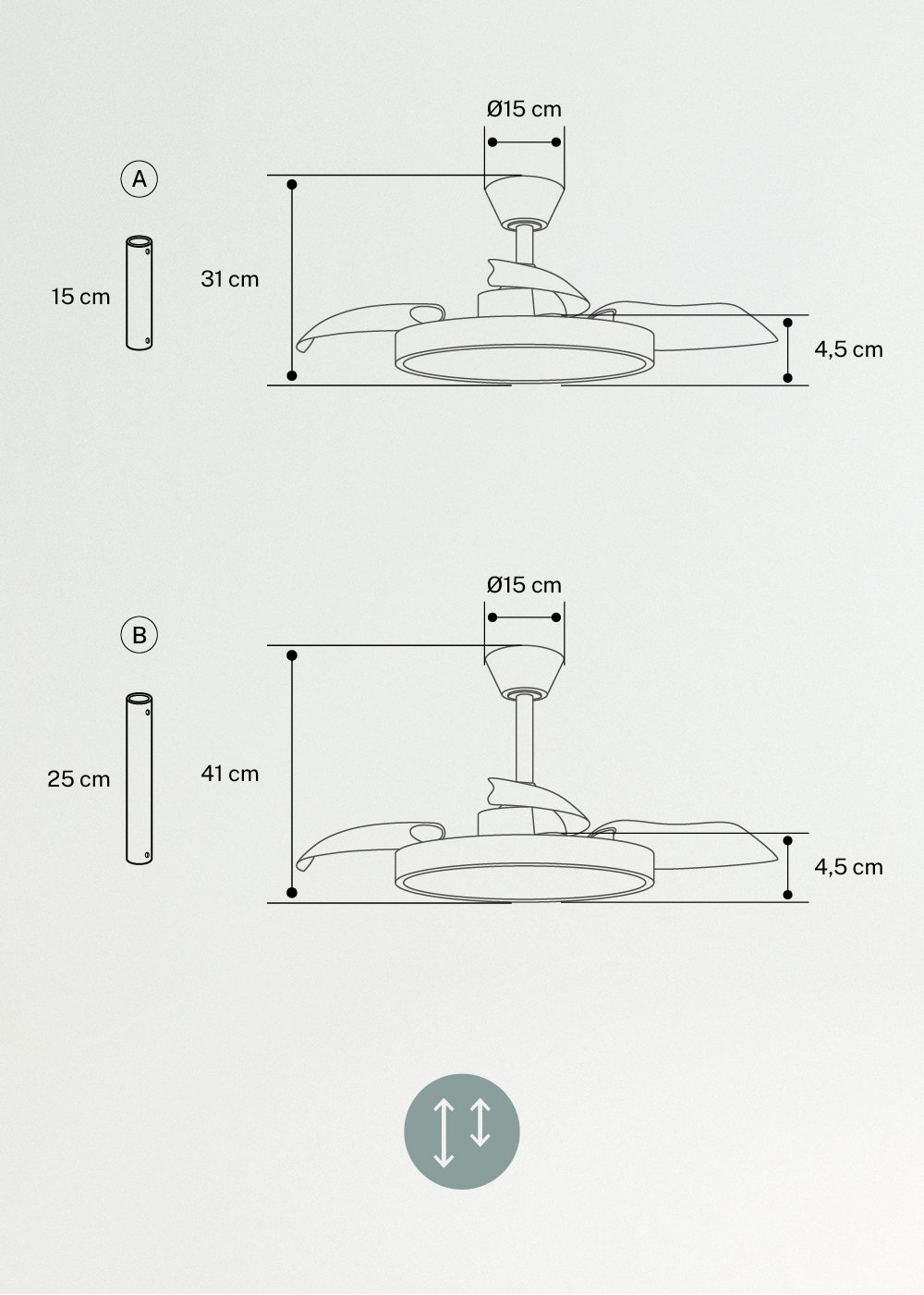 WIND CLEAR STUDIO - 40W ceiling fan, silent, with retractable blades and LED light, various sizes, medidas foto vertical