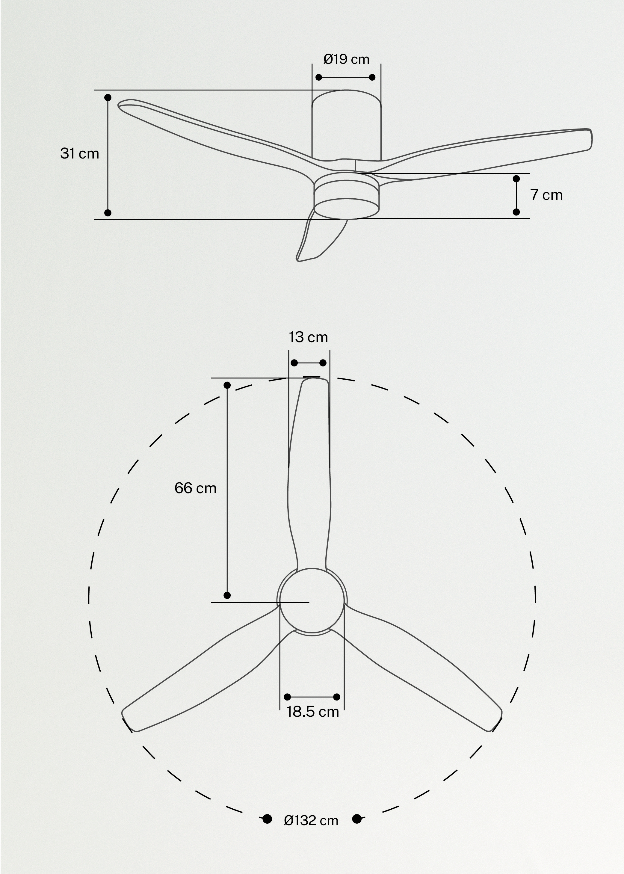 WIND CALM CONCRETE - Ventilador de techo 40W silencioso Ø132cm 100% madera con carcasa de yeso personalizable, medidas foto vertical