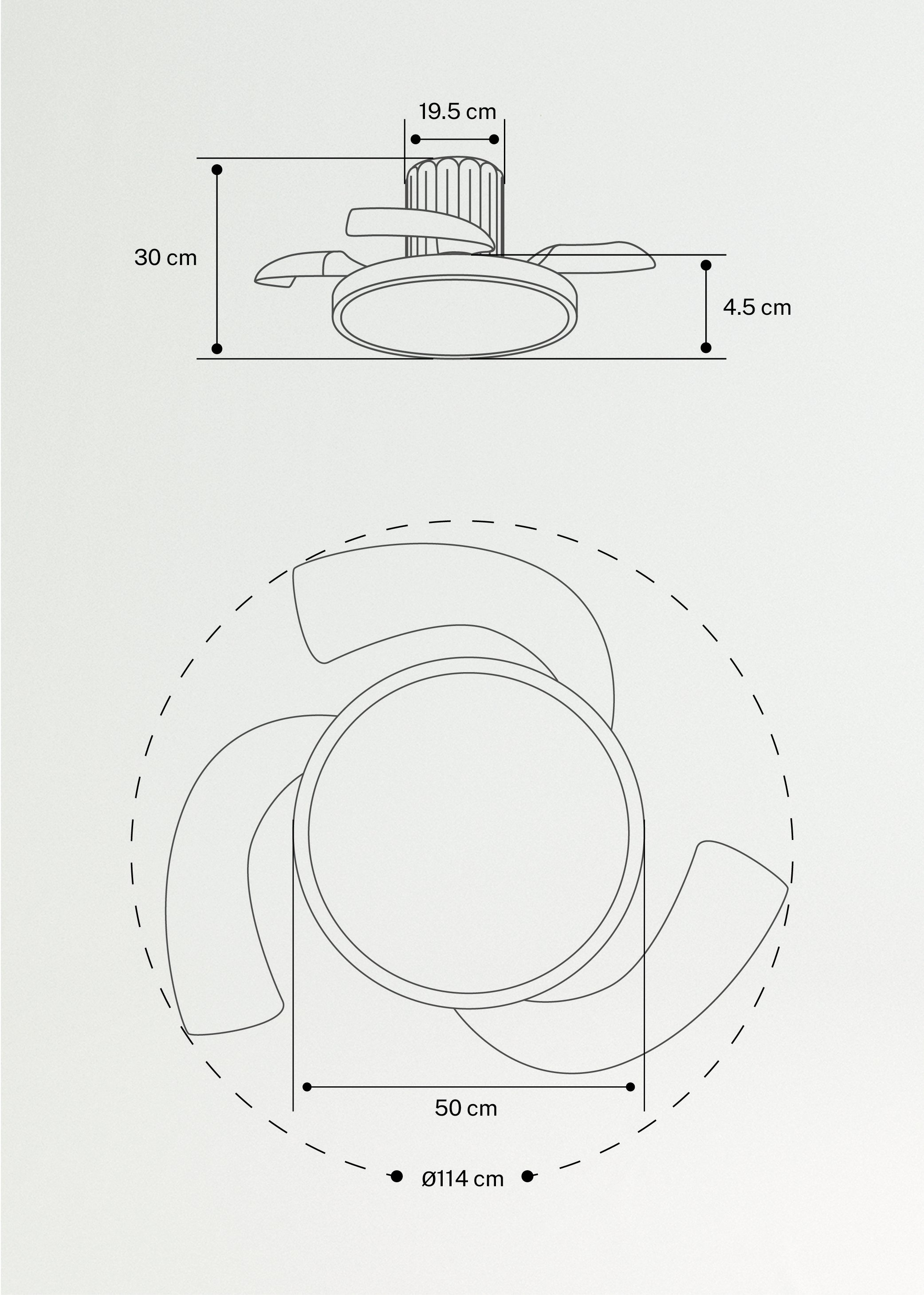 WIND CLEAR SCULPT - 40W silent ceiling fan Ø114 cm retractable blades with LED light, medidas foto vertical