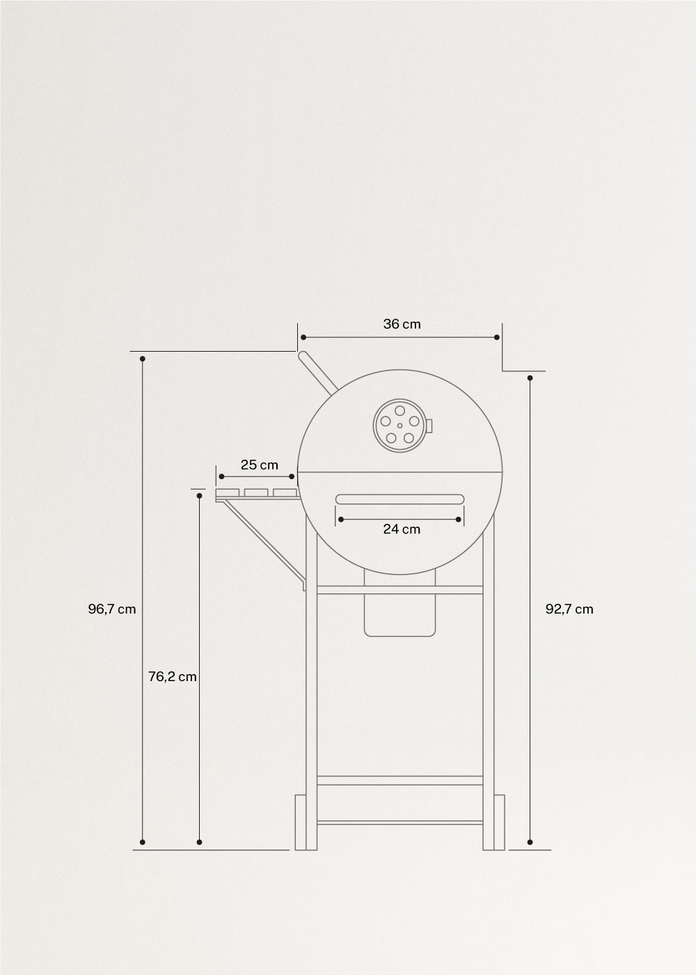 BBQ SMOKEY - Charcoal barbecue smoker with wheels, medidas foto vertical