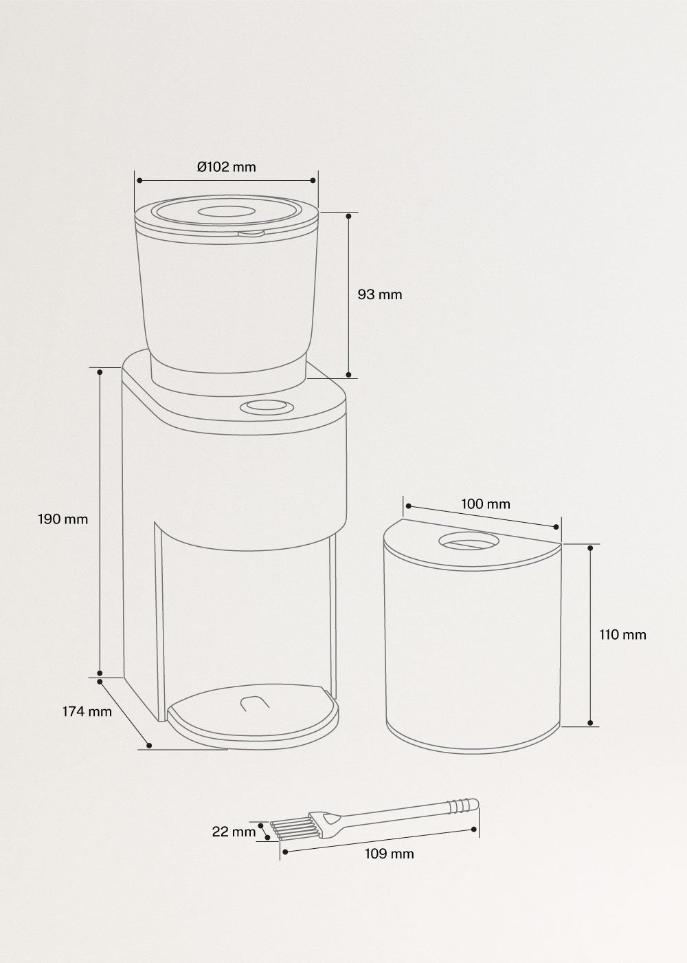 COFFEE GRINDER STUDIO PRO - Coffee grinder with container and 38 grind settings, medidas foto vertical
