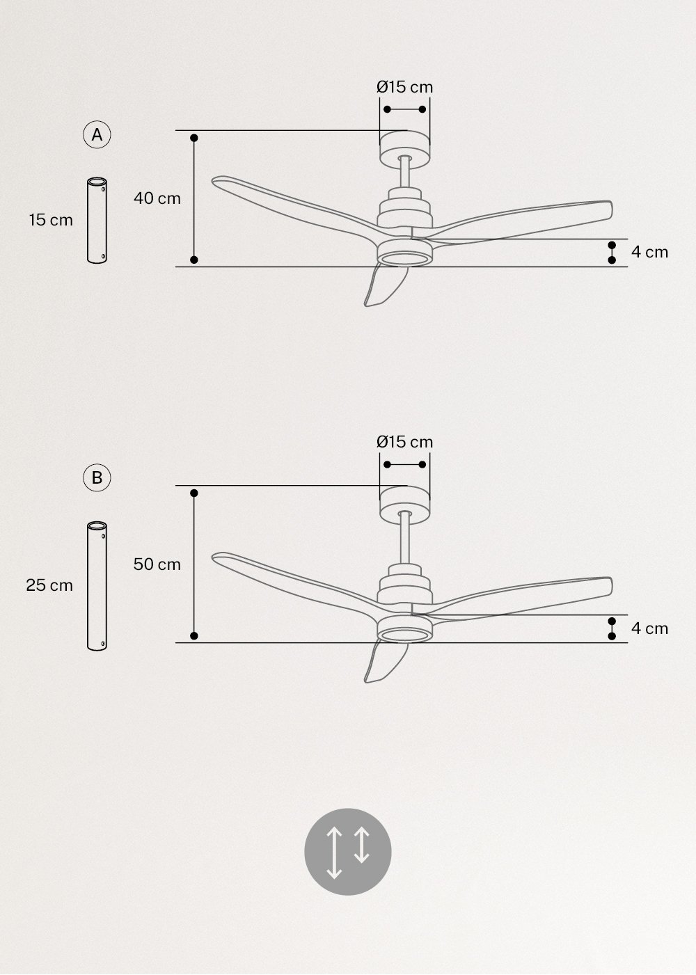 WIND STYLANCE - Quiet 40W ceiling fan with technical ABS blades, available in various sizes, medidas foto vertical
