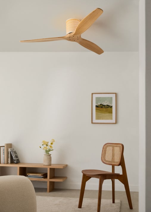 WIND CALM RATTAN - Ceiling fan 40W silent Ø132 cm with LED light in body and lamp
