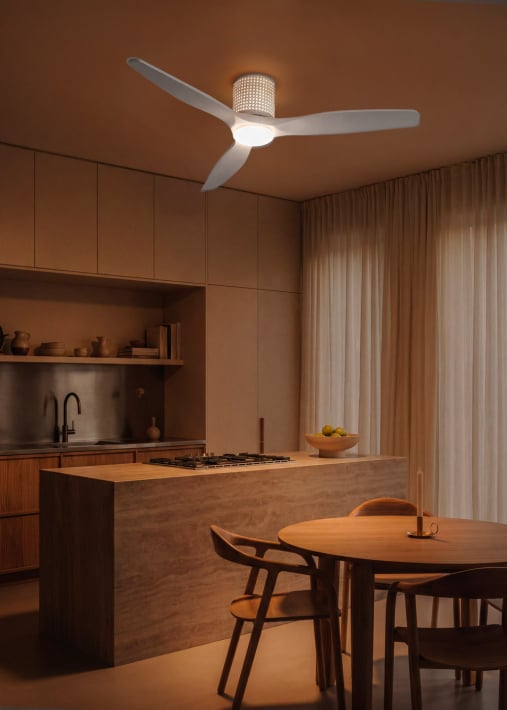 WIND CALM CUSTOM RATTAN - Ceiling fan 40W silent Ø132 cm with LED light in body and lamp