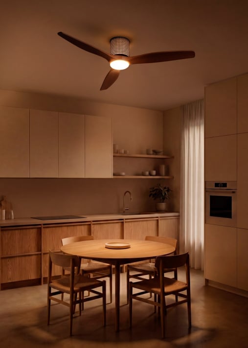 WIND CALM CUSTOM RATTAN - Ceiling fan 40W silent Ø132 cm with LED light in body and lamp